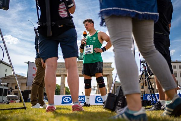 David  Storl (SC DHfK Leipzig) im Interview beim Kugelstossen waehrend der deutschen Leichtathletik-Meisterschaften auf dem Pariser Platz am 24.06.2022 in Berlin